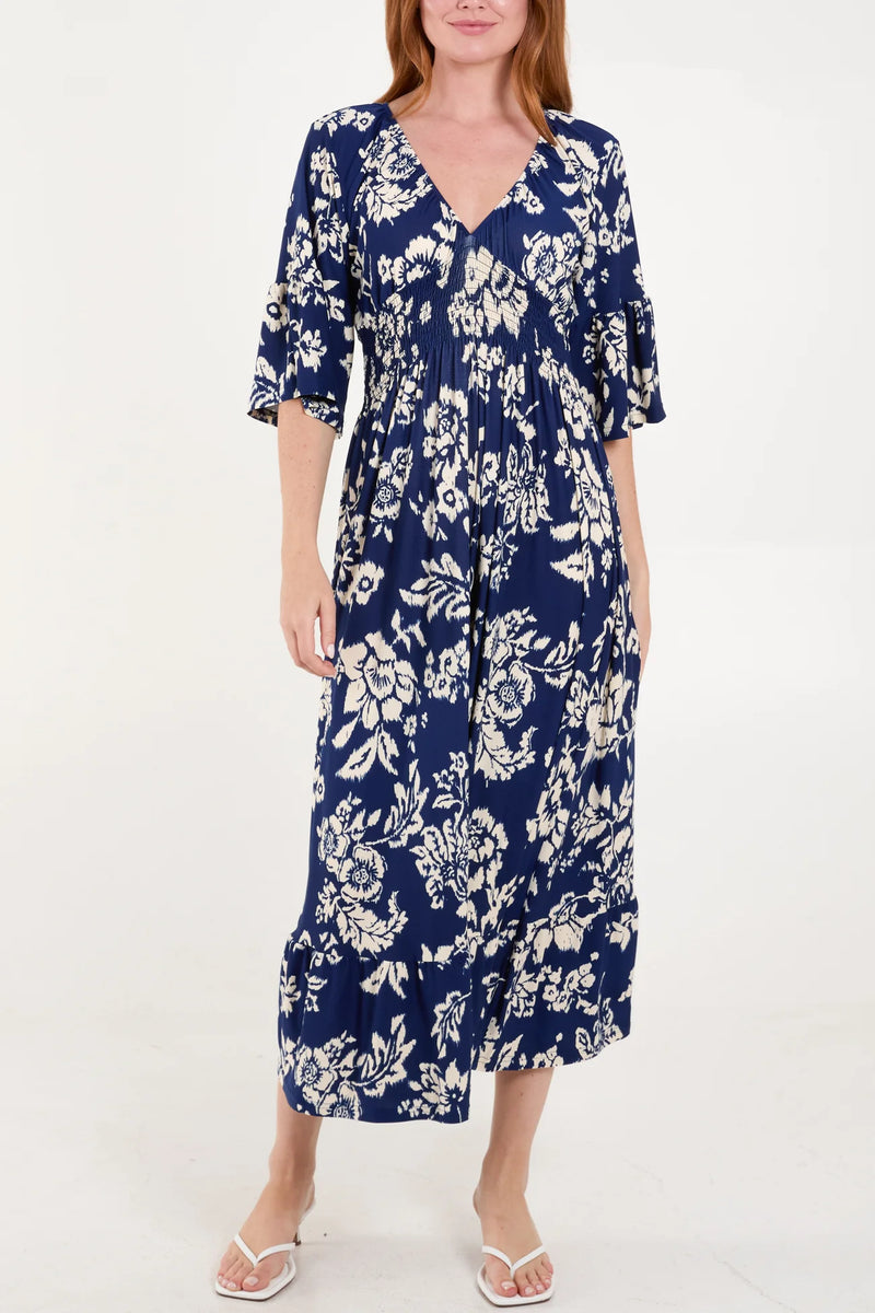 Floral Print Shirred Waist Midi Dress - More Sizes Available