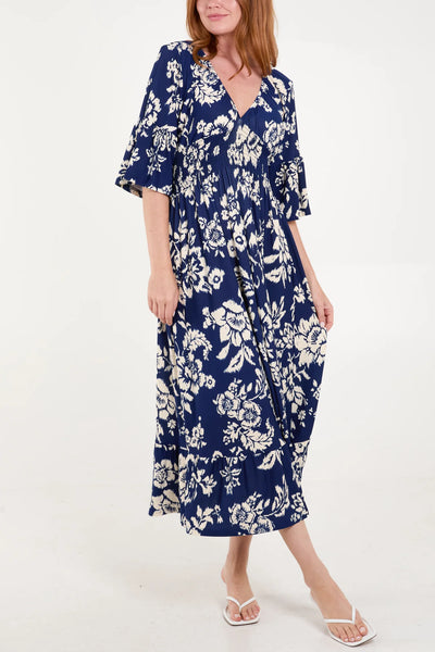 Floral Print Shirred Waist Midi Dress - More Sizes Available