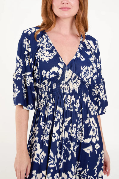 Floral Print Shirred Waist Midi Dress - More Sizes Available