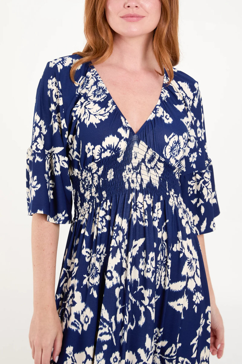 Floral Print Shirred Waist Midi Dress - More Sizes Available