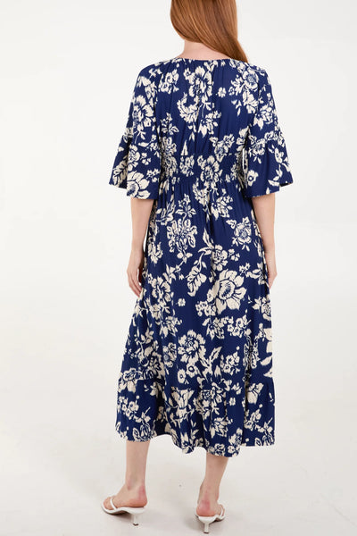 Floral Print Shirred Waist Midi Dress - More Sizes Available