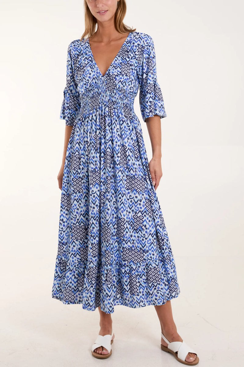 Alex Aztec V-Neck Shirred Midi Dress - More Sizes & Colours Available