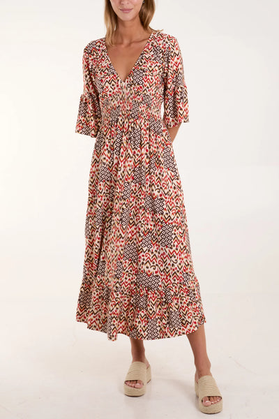 Alex Aztec V-Neck Shirred Midi Dress - More Sizes & Colours Available