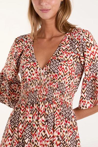 Alex Aztec V-Neck Shirred Midi Dress - More Sizes & Colours Available