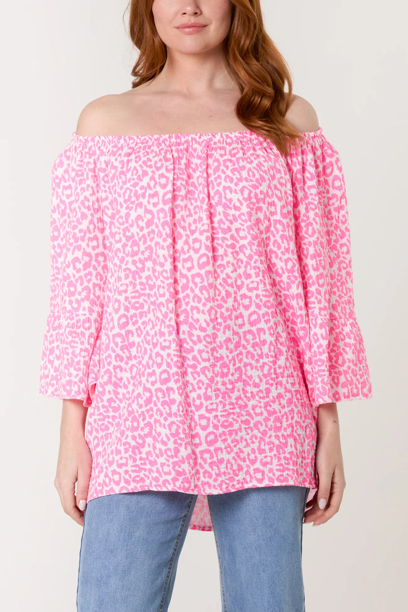 Clara Leopard Cheesecloth Bardot Top - More Colours Available