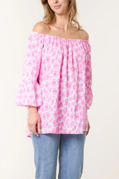 Clara Leopard Cheesecloth Bardot Top - More Colours Available