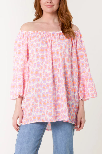 Clara Leopard Cheesecloth Bardot Top - More Colours Available