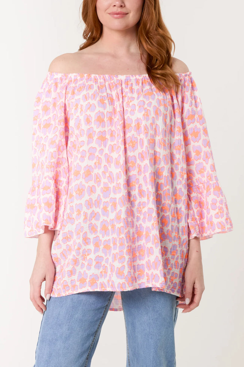Clara Leopard Cheesecloth Bardot Top - More Colours Available
