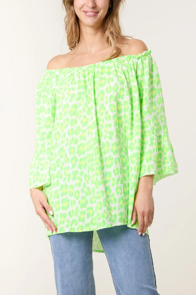Clara Leopard Cheesecloth Bardot Top - More Colours Available