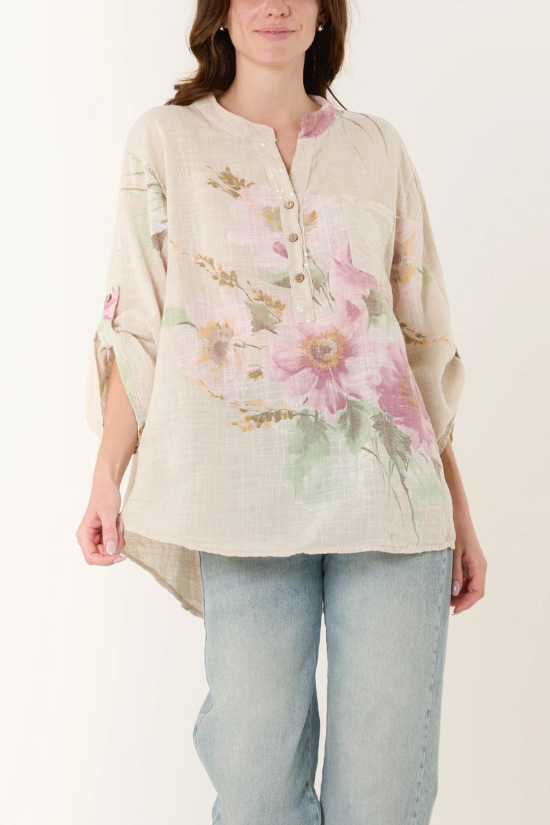 Gracie Floral Sequin Pocket Cotton Blouse - More Colours Available