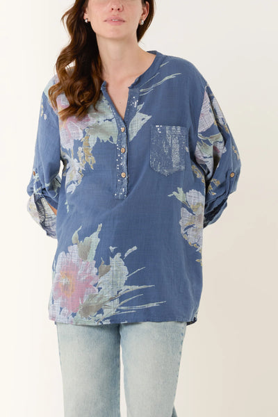 Gracie Floral Sequin Pocket Cotton Blouse - More Colours Available