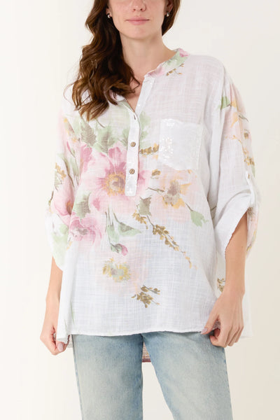 Gracie Floral Sequin Pocket Cotton Blouse - More Colours Available