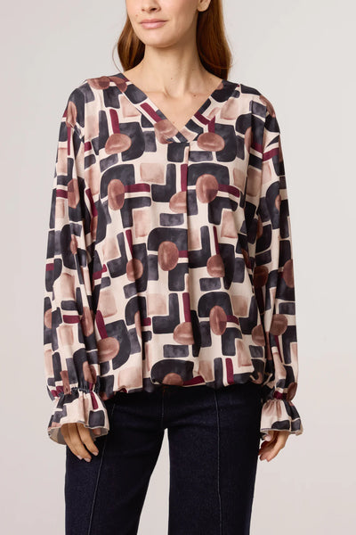 Geometric Bubble Hem Blouse - More Colours Available