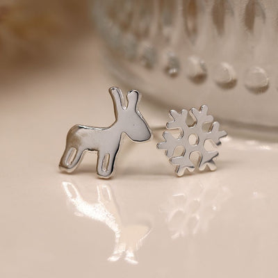 Sterling Silver Snowflake & Reindeer Stud Earrings
