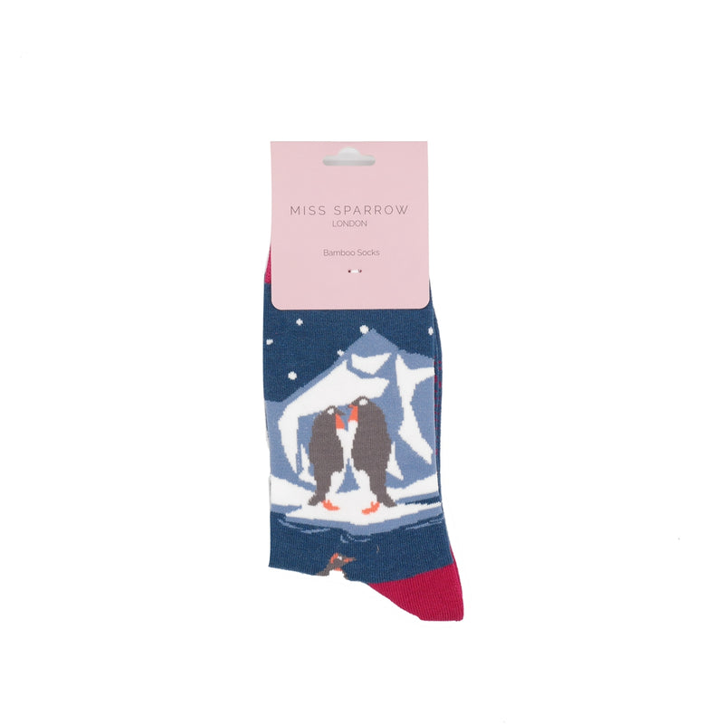 Penguins On Ice Navy Bamboo Socks