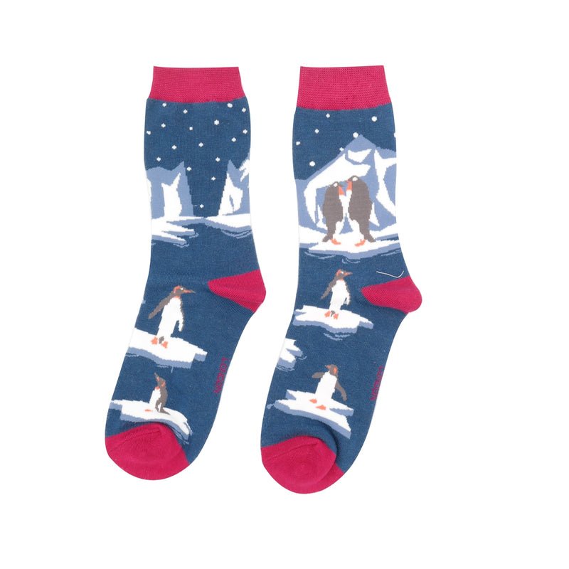 Penguins On Ice Navy Bamboo Socks