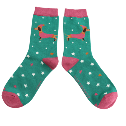 Festive Sausage Dog Green Bamboo Socks