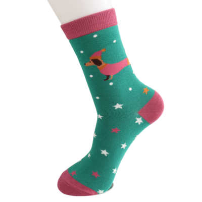 Festive Sausage Dog Green Bamboo Socks