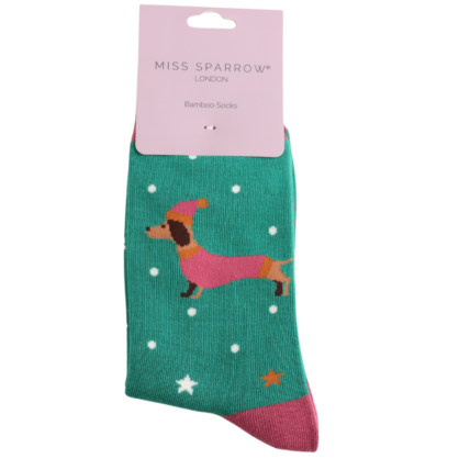 Festive Sausage Dog Green Bamboo Socks