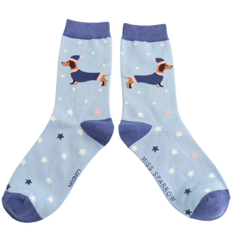 Festive Sausage Dog Powder Blue Bamboo Socks