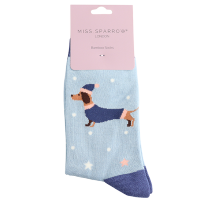 Festive Sausage Dog Powder Blue Bamboo Socks
