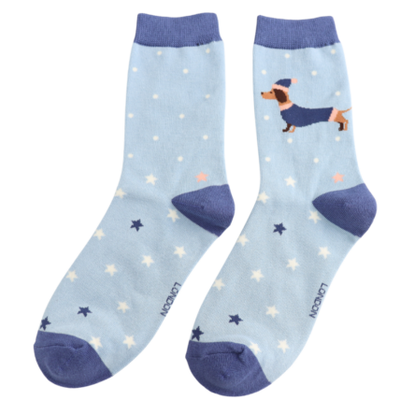 Festive Sausage Dog Powder Blue Bamboo Socks