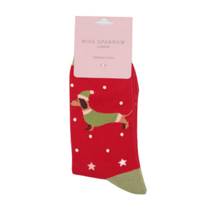 Festive Sausage Dog Red Bamboo Socks