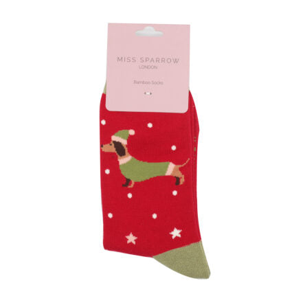Festive Sausage Dog Red Bamboo Socks