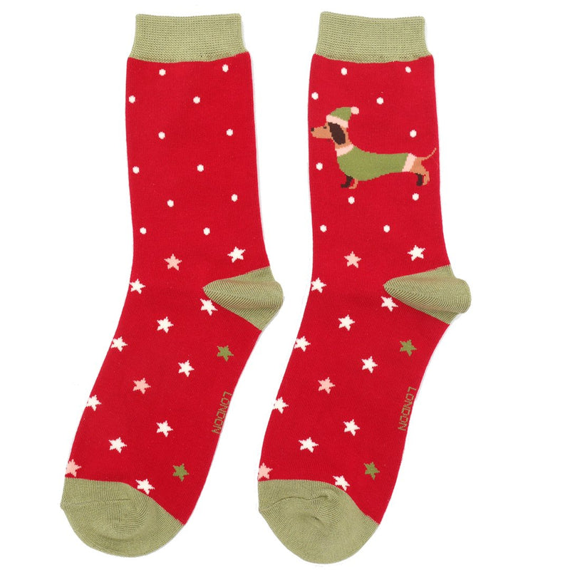 Festive Sausage Dog Red Bamboo Socks
