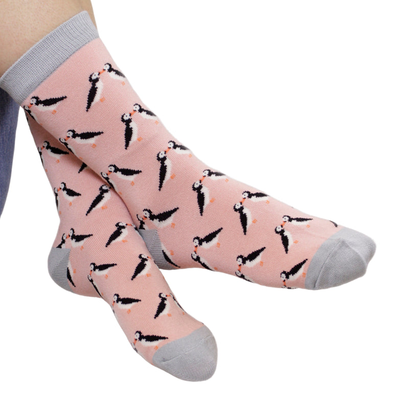 Kissing Puffins Dusky Pink Bamboo Socks