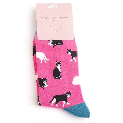 Black & White Cats Fuchshia Bamboo Socks
