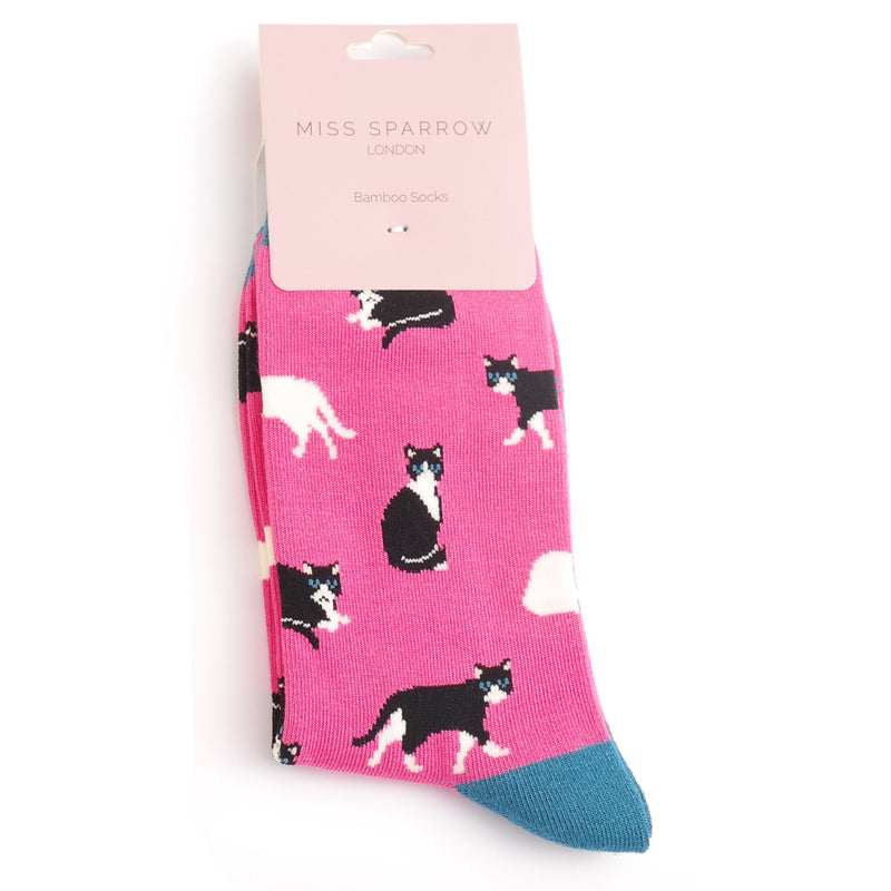 Black & White Cats Fuchshia Bamboo Socks