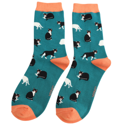 Black & White Cats Teal Bamboo Socks