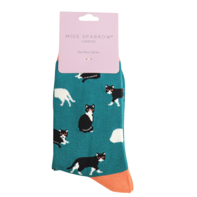 Black & White Cats Teal Bamboo Socks