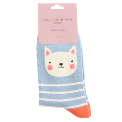 Kitty Stripes Blue Bamboo Socks