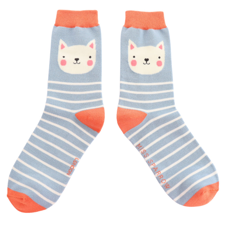 Kitty Stripes Blue Bamboo Socks