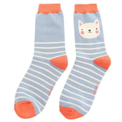 Kitty Stripes Blue Bamboo Socks