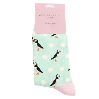Puffins & Spots Mint Bamboo Socks