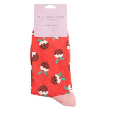 Christmas Pudding Red Bamboo Socks