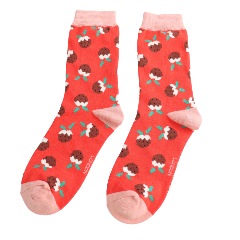 Christmas Pudding Red Bamboo Socks