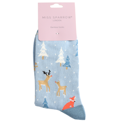 Festive Foxes Light Blue Bamboo Socks