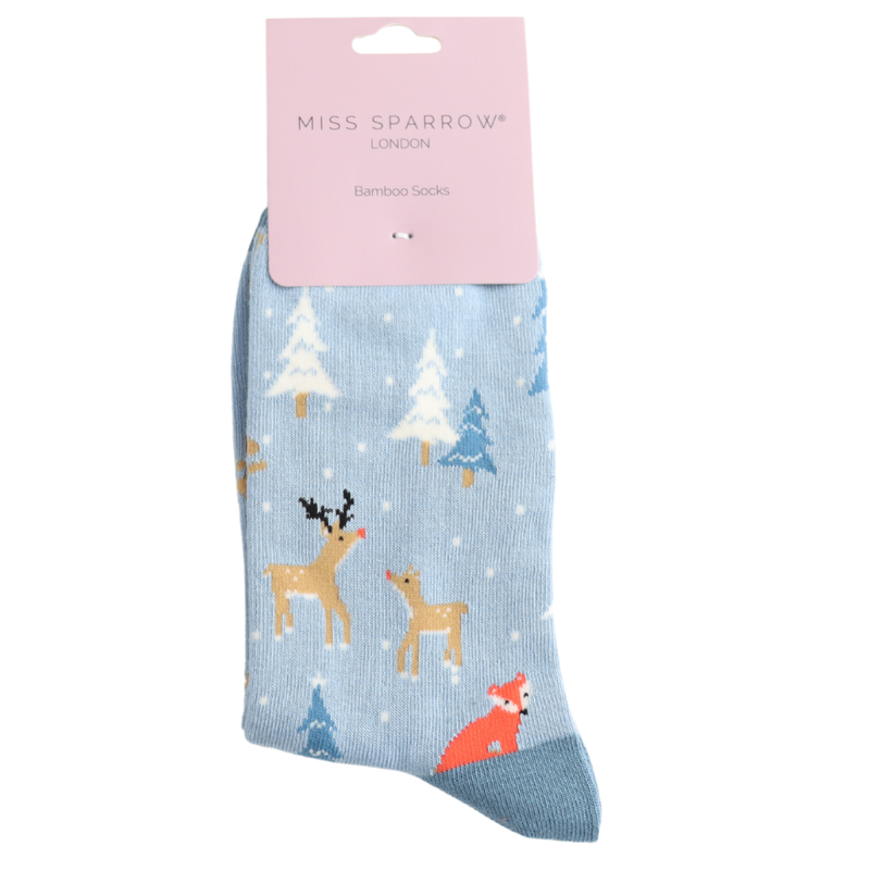 Festive Foxes Light Blue Bamboo Socks