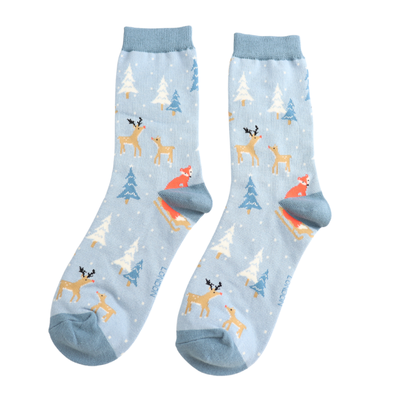 Festive Foxes Light Blue Bamboo Socks