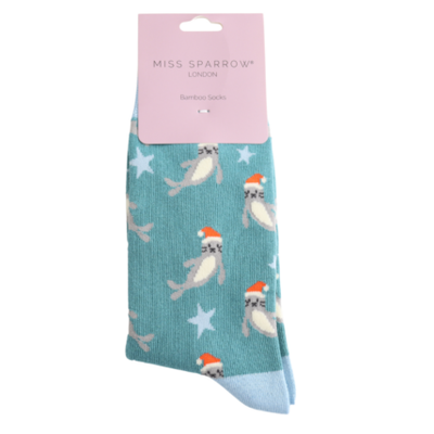 Santa Seals Blue Bamboo Socks