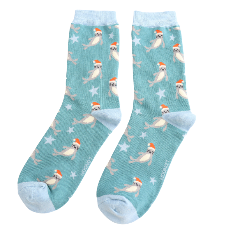 Santa Seals Blue Bamboo Socks