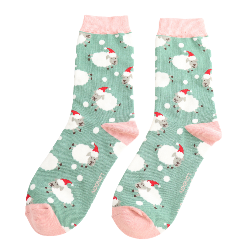 Santa Sheep Green Bamboo Socks