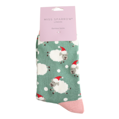 Santa Sheep Green Bamboo Socks