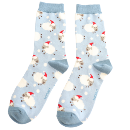 Santa Sheep Powder Blue Bamboo Socks