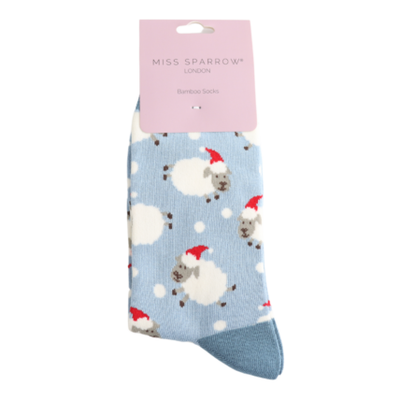 Santa Sheep Powder Blue Bamboo Socks
