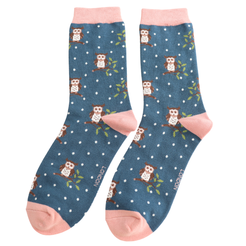 Winter Owls Teal Bamboo Socks
